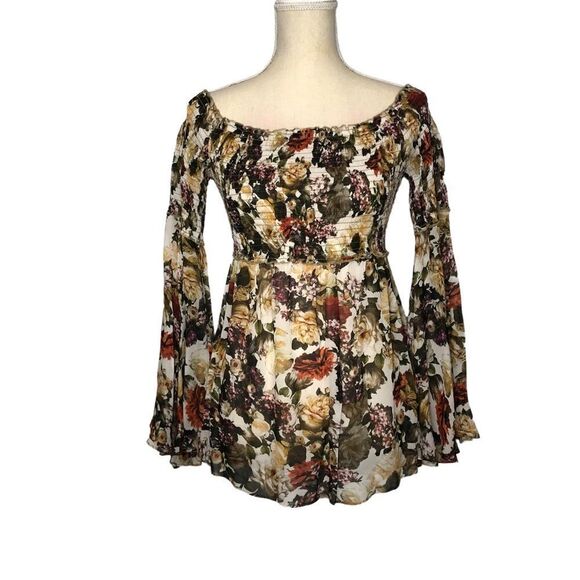 Bailey 44 Floral Top Long Bell Sleeve Off Shoulder Smocking Size Small - Picture 1 of 14
